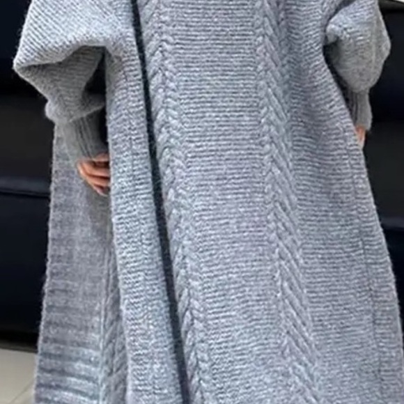 102. OVERSIZED MAXI LONG Grey Gray Cardigan Chunky Long Cable Duster Fuzzy - Picture 7 of 11